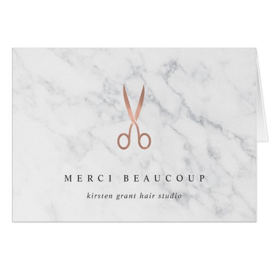 Marble & Rose Gold Scissors Salon Logo Note Cards (Front Horizontal)