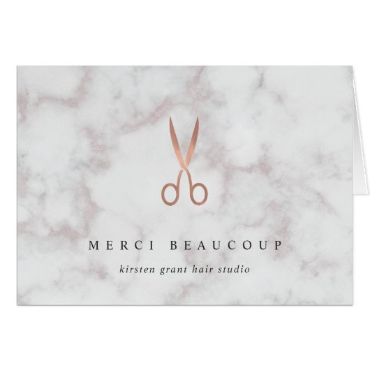 Marble & Rose Gold Scissors Salon Logo Note Cards (Front Horizontal)