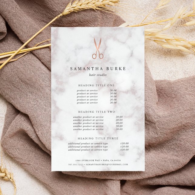 Marble Rose Gold Scissors Salon Pricing & Services Flyer (Creator Uploaded)