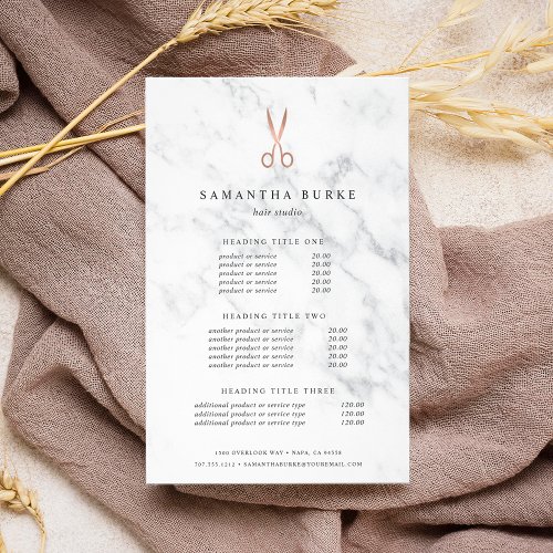 Marble Rose Gold Scissors Salon Pricing  Services Flyer