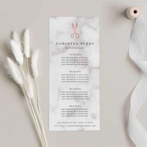 Marble Rose Gold Scissors Salon Pricing  Services Rack Card