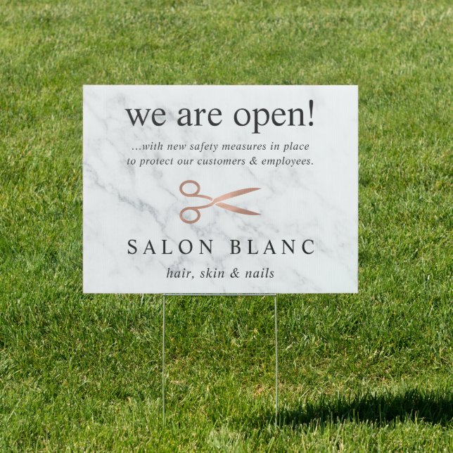Marble & Rose Gold Scissors Salon Reopening Sign (Insitu)