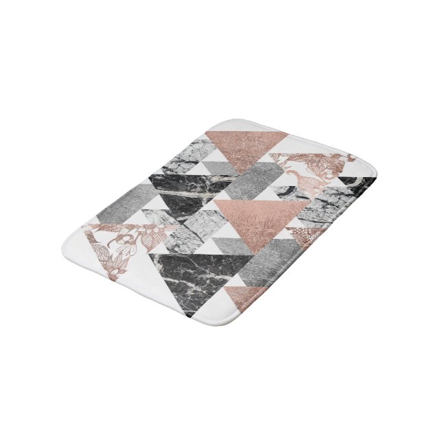 Marble Rose Gold Silver and Floral Geo Triangles Bathroom Mat (Angled)