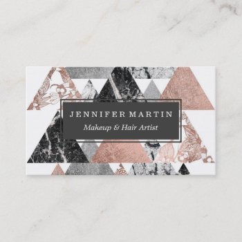 Marble Rose Gold Silver And Floral Geo Triangles Business Card by BlackStrawberry_Co at Zazzle