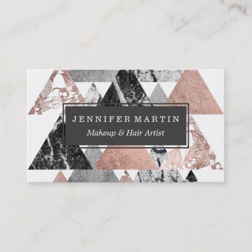 Marble Rose Gold Silver and Floral Geo Triangles Business Card