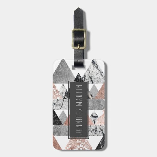 Marble Rose Gold Silver and Floral Geo Triangles Luggage Tag