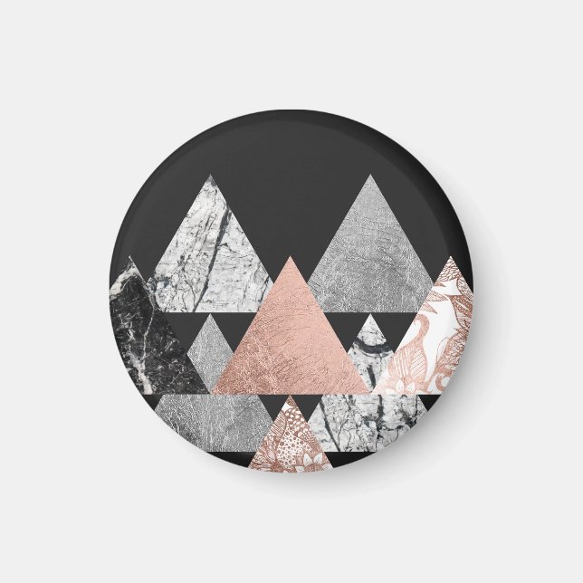 Marble Rose Gold Silver and Floral Geo Triangles Magnet (Front)