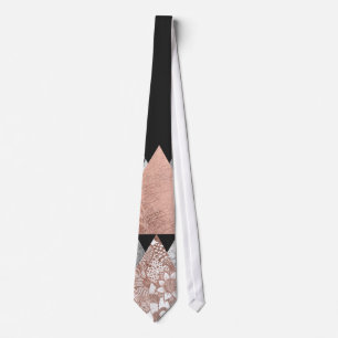 Marble Rose Gold Silver and Floral Geo Triangles Neck Tie