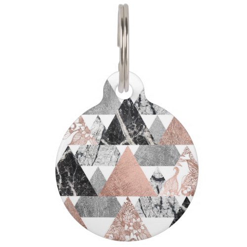 Marble Rose Gold Silver and Floral Geo Triangles Pet ID Tag