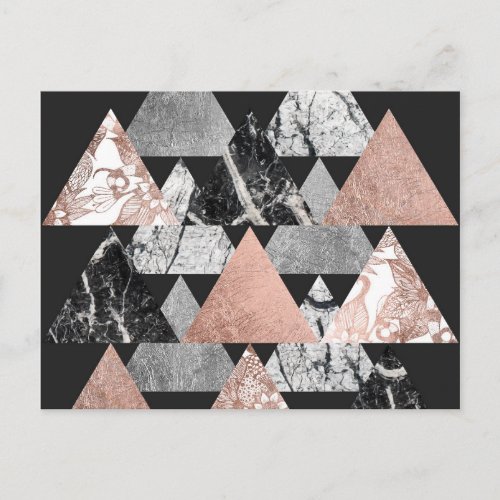 Marble Rose Gold Silver and Floral Geo Triangles Postcard