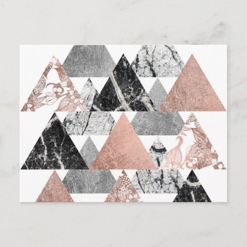 Marble Rose Gold Silver and Floral Geo Triangles Postcard