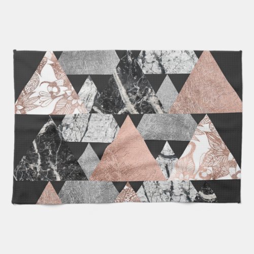 Marble Rose Gold Silver and Floral Geo Triangles Towel