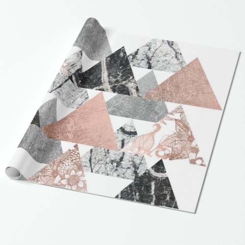 Marble Rose Gold Silver and Floral Geo Triangles Wrapping Paper
