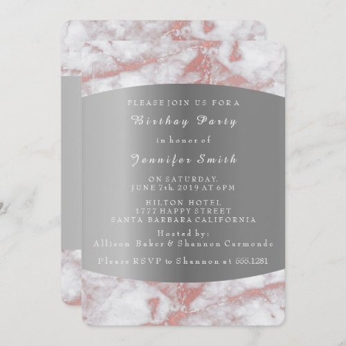 Marble Rose Gold Silver Gray Birthday Bridal Party Invitation