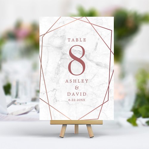 Marble Rose Gold Simple Geometric Wedding Table Number