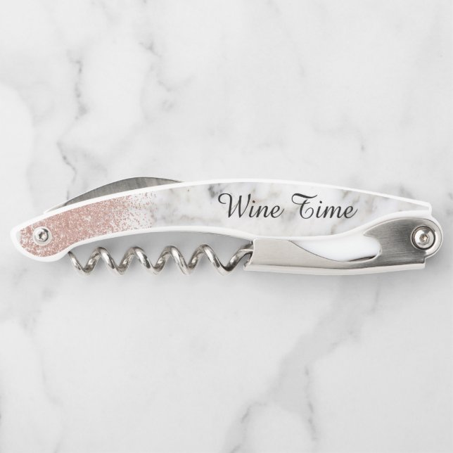 Marble Rose Gold Stylish Wine Time Glitter Waiter's Corkscrew (Back)