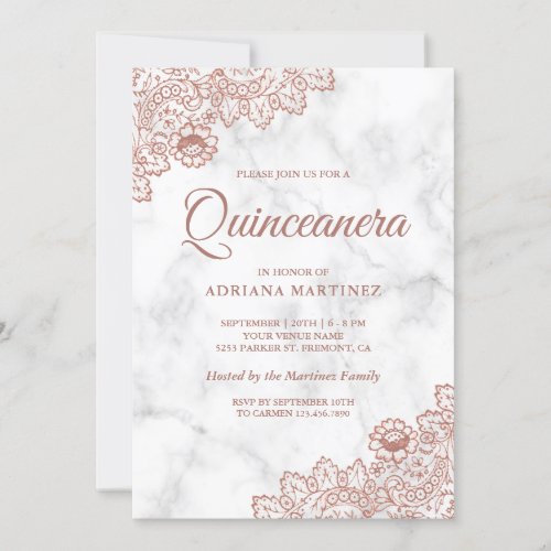 Marble Rose Gold Vintage Country Lace Quinceanera Invitation