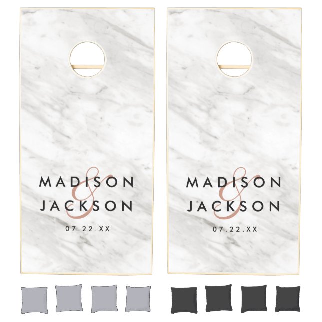 Marble & Rose Gold Wedding Bride & Groom Monogram Cornhole Set (Set)