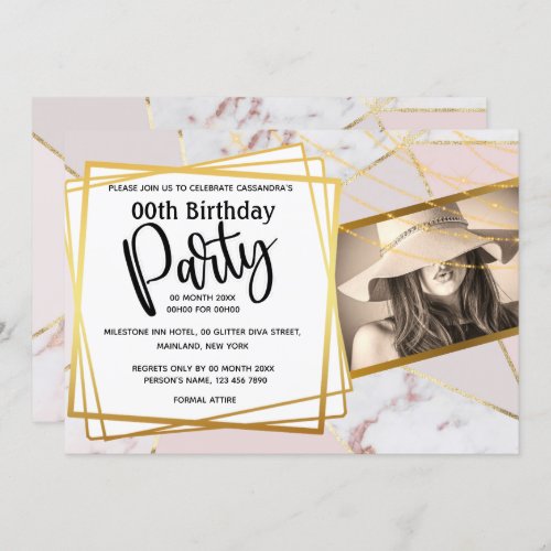 Marble rose pink gold AGE photo birthday party Invitation