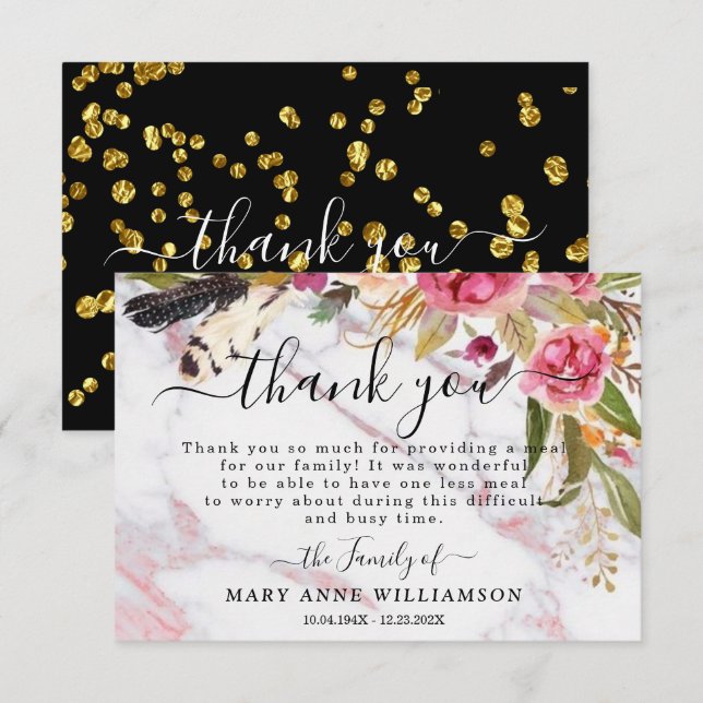 Marble Roses Elegant Funeral Food Thank You Card (Front/Back)