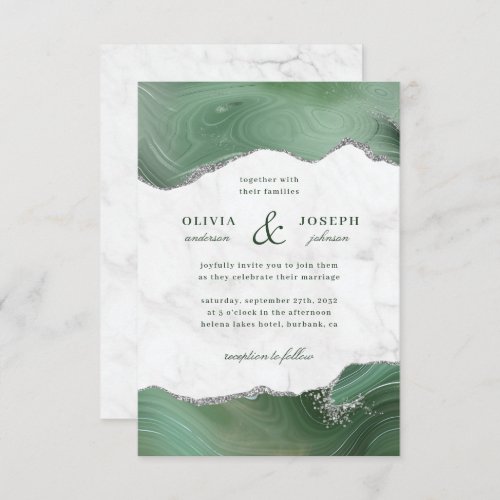 Marble Sage Green Agate Silver Glitter Wedding Invitation