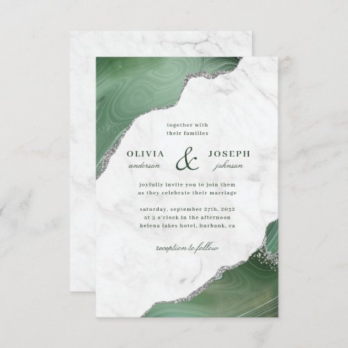 Marble Sage Green Agate Silver Glitter Wedding Invitation