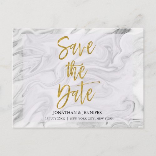 Marble Save the Date with Gold Foil Typography Announcement Postcard