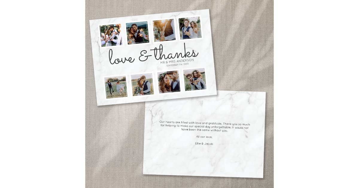 Marble Script Photo Collage Love & Thanks Thank You Card | Zazzle