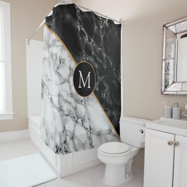 Marble Shower Curtain with Custom Letter or Number (In Situ)
