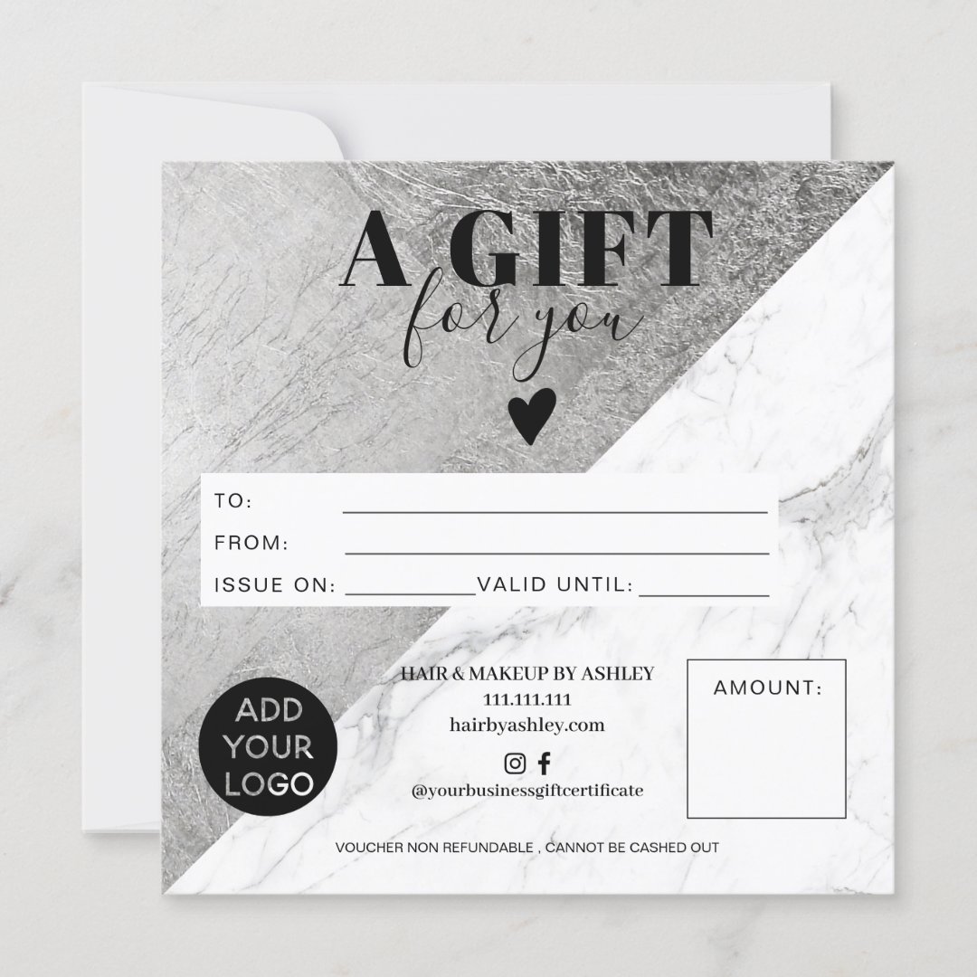 Marble silver block square gift certificate logo Zazzle