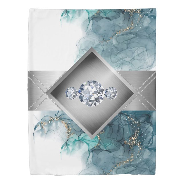 Marble Silver Blue Agate Glitter Glam Duvet Cover (Front)