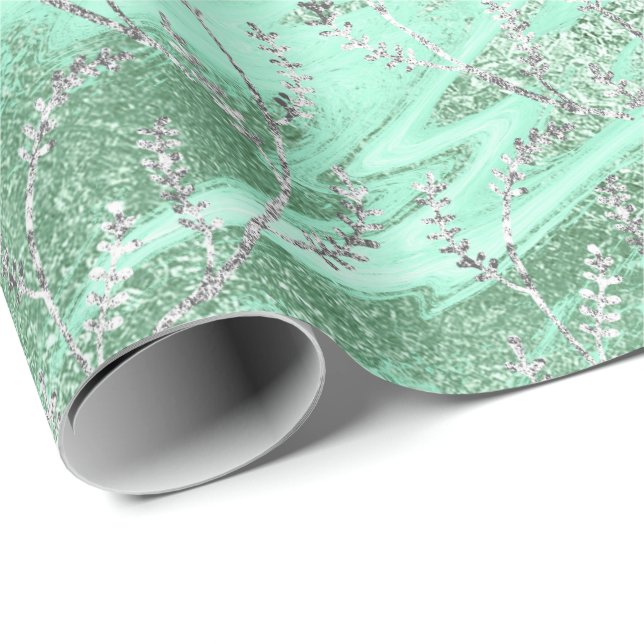 Marble Silver Gray Mint Green Floral Foil Laurel Wrapping Paper (Roll Corner)