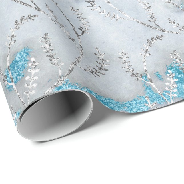 Marble Silver Gray Ocean Floral Foil Laurel Wrapping Paper (Roll Corner)