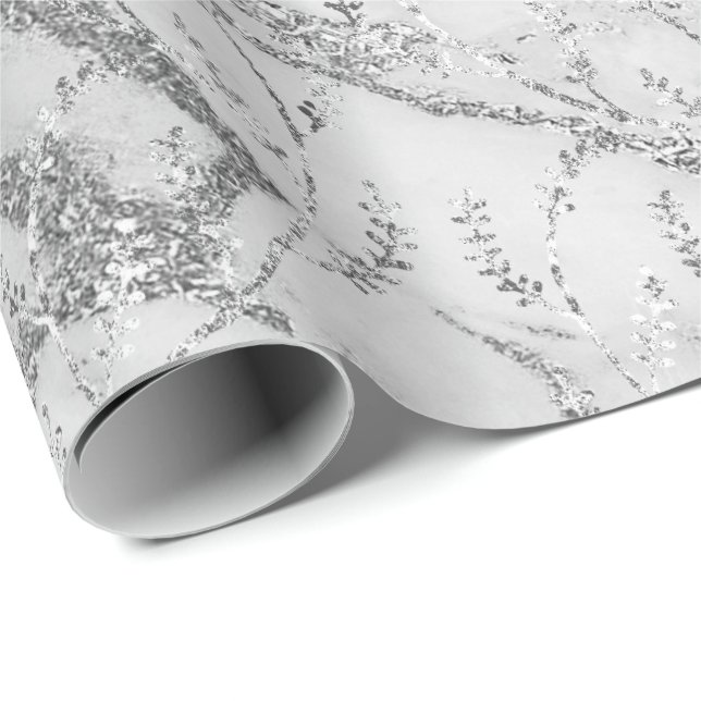 Marble Silver Gray White Floral Foil Laurel Wrapping Paper (Roll Corner)