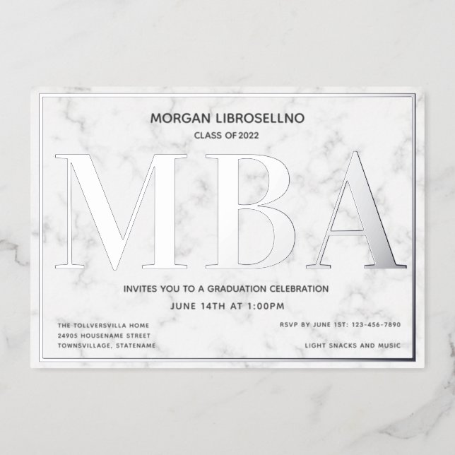 Marble Silver MBA Graduation Foil Invitation (Front)