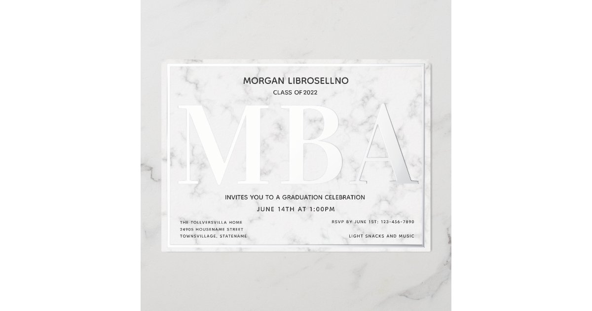 Marble Silver MBA Graduation Foil Invitation | Zazzle