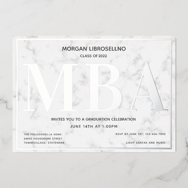 Marble Silver MBA Graduation Foil Invitation (Front)