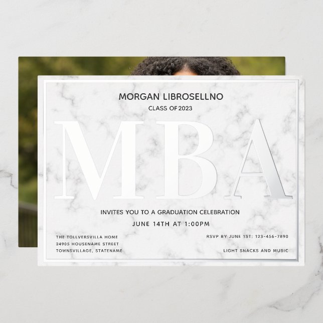 Marble Silver Photo MBA Graduation Foil Invitation (Front/Back)