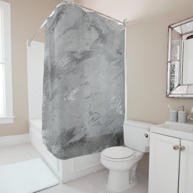 Marble Stone Abstract Silver Gray Metallic Strokes Shower Curtain (In Situ)