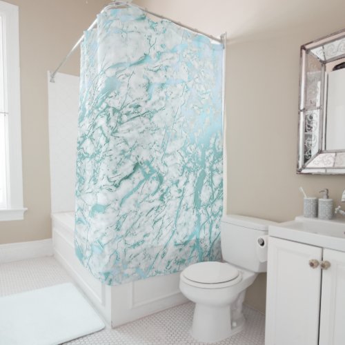 Marble Stone Abstract White Carrara Blue Teal Shower Curtain
