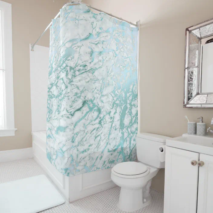 Marble Stone Abstract White Carrara, Teal Blue And White Shower Curtain