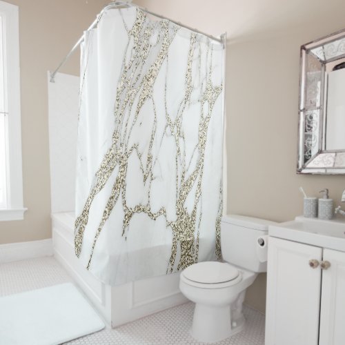 Marble Stone Abstract White Carrara Gold Champaign Shower Curtain