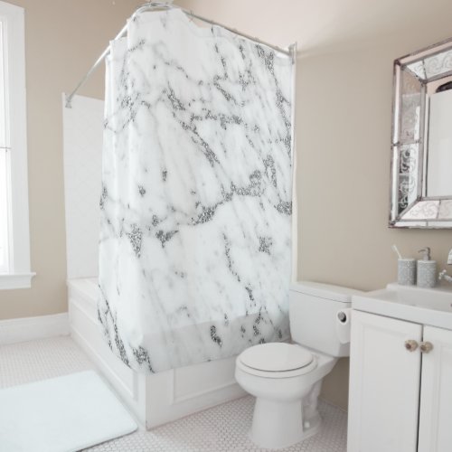Marble Stone Abstract White Carrara Silver Gray Shower Curtain