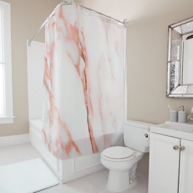 Marble Stone Abstract White Coral Rose Gold Copper Shower Curtain (In Situ)