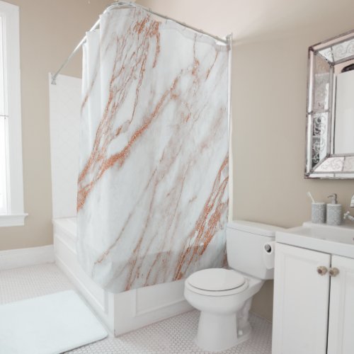 Marble Stone Abstract White Coral Rose Pink Copper Shower Curtain
