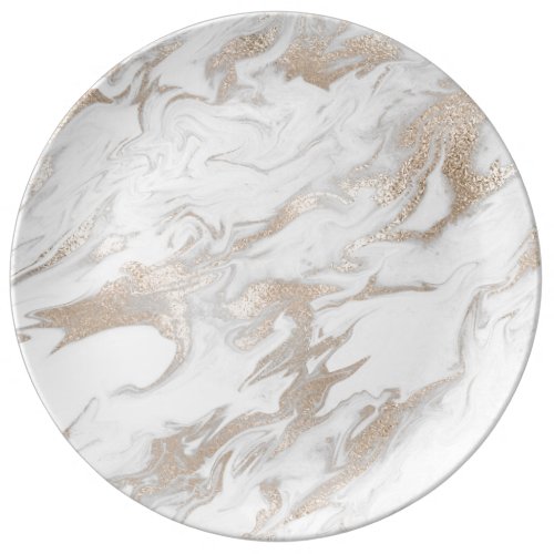 Marble Stone Abstract White Gold Beige Ivory Gray Dinner Plate