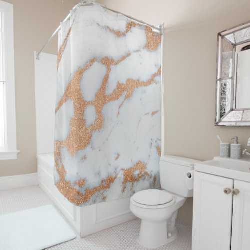 Marble Stone Abstract White Gray Copper ROSE Gold Shower Curtain