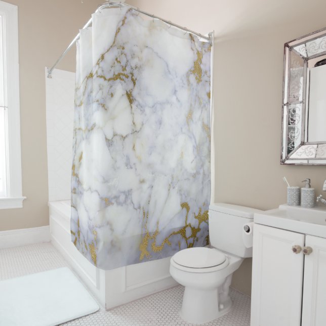 Marble Stone Abstract White Gray Gold Carrara Lux Shower Curtain (In Situ)