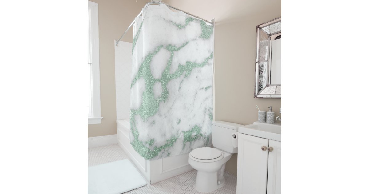 Marble Stone Abstract White Gray Mint Green Pastel Shower Curtain
