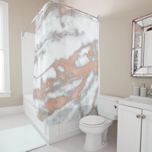 Marble Stone Abstract White Gray Rose Gold Copper Shower Curtain (In Situ)